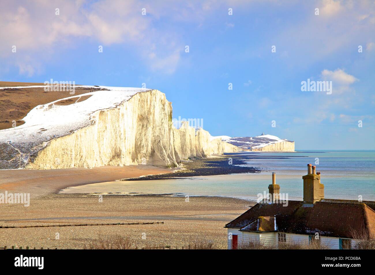 Snow on The Seven Sisters and Coastguard Cottages, Seaford Head, South Downs National Park, East Sussex, England, United Kingdom, Europe Stock Photo