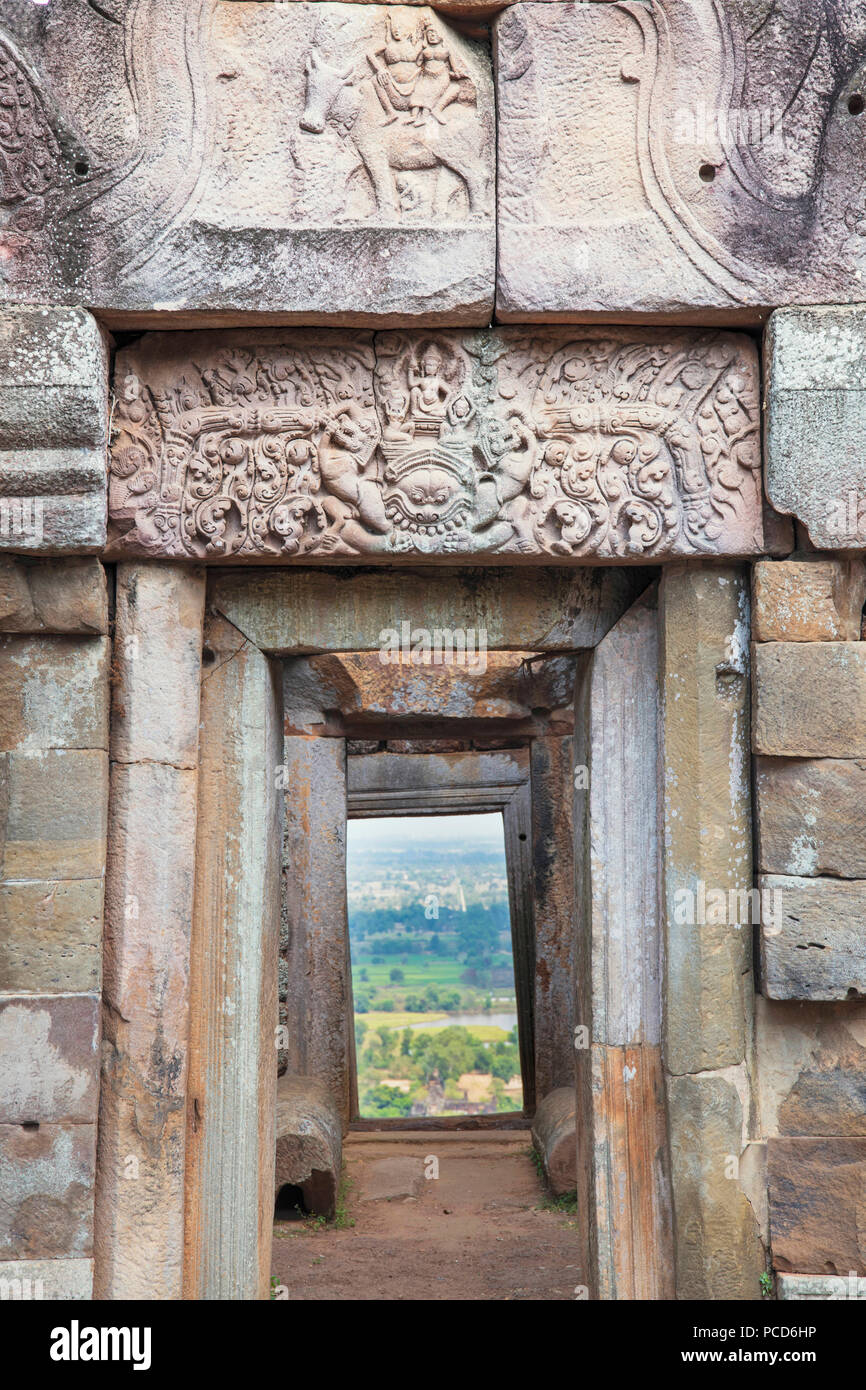 A lintel on a Khmer temple on Chi Sor Mountain in Takeo, Cambodia, Indochina, Southeast Asia, Asia Stock Photo