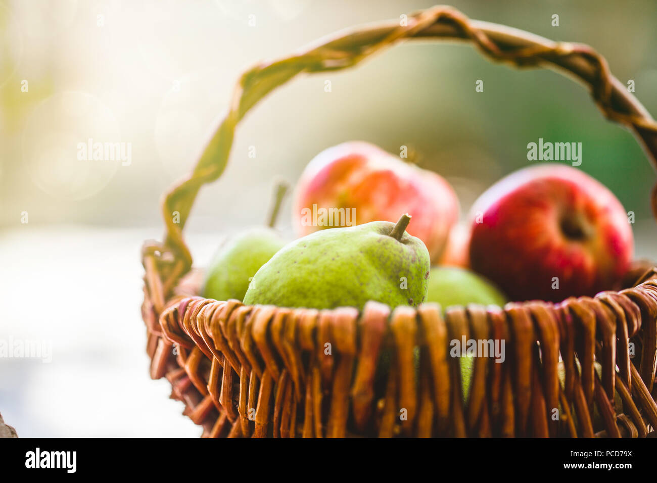 Fresh apples and pears on wood. Fresh organic fruit. Red apples Stock Photo
