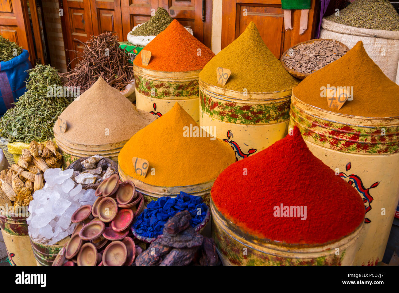 Bags of herbs and spices for sale in souk in the old quarter, Medina, Marrakesh, Morocco, North Africa, Africa Stock Photo