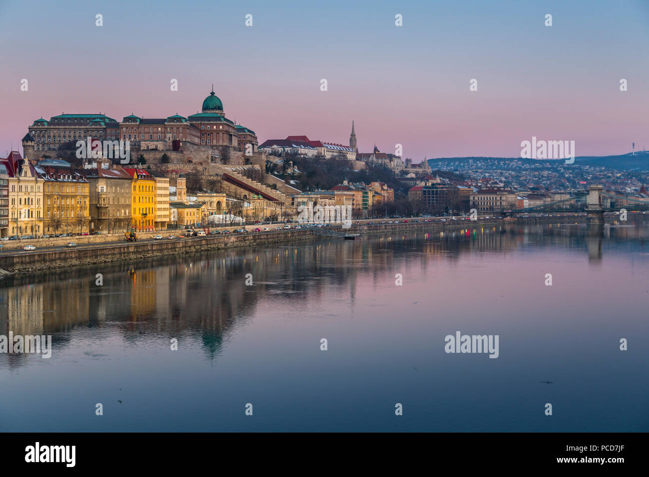 View of Budapest Castle reflecting in the Danube River during early morning, UNESCO World Heritage Site, Budapest, Hungary, Europe Stock Photo