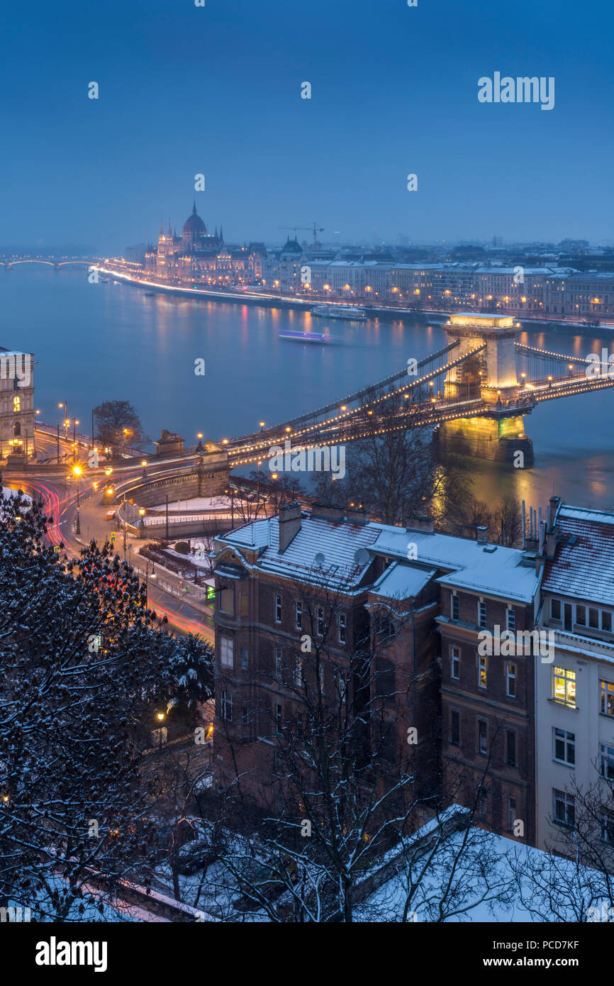 View of Chain Bridge, River Danube and Hungarian Parliament Building from Budapest Castle in winter, UNESCO, Budapest, Hungary, Europe Stock Photo