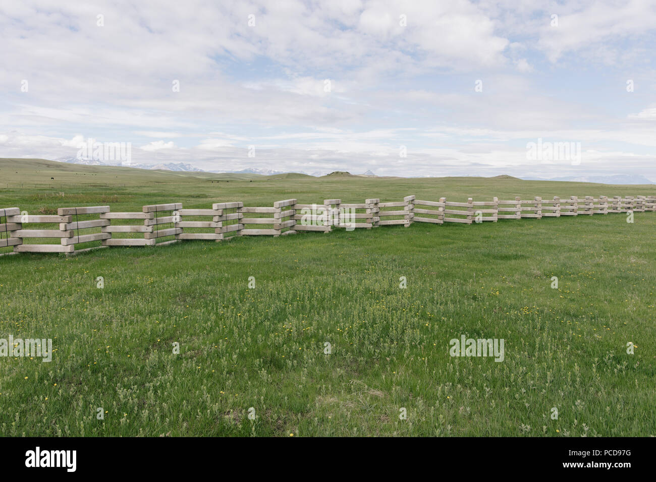 Concrete snow barrier, angled fencing across a verdant mountain meadow. Stock Photo