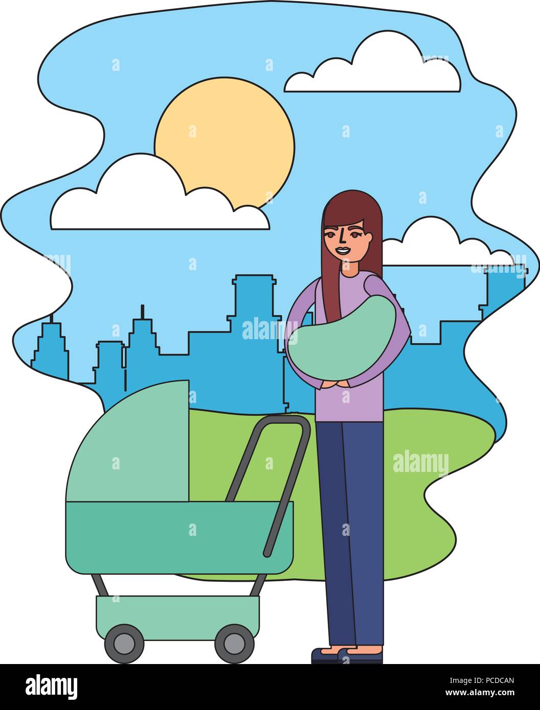 mother carrying her baby on arms and pram in the park city vector illustration Stock Vector