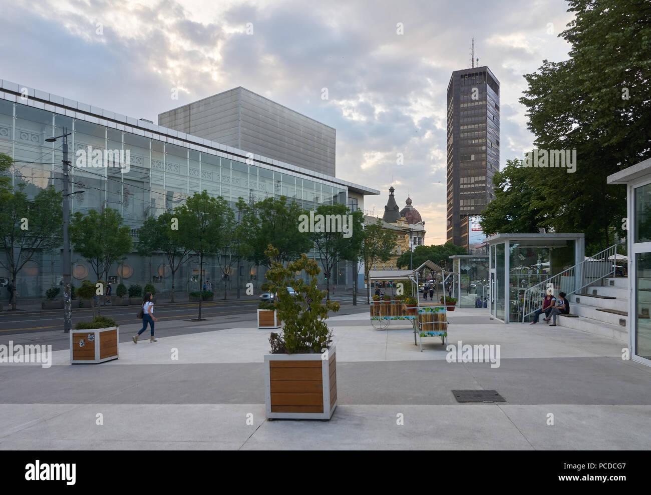 Belgrade, Serbia - May 04, 2018: Evening view on Square of flowers and Yugoslav Drama Theatre. Stock Photo