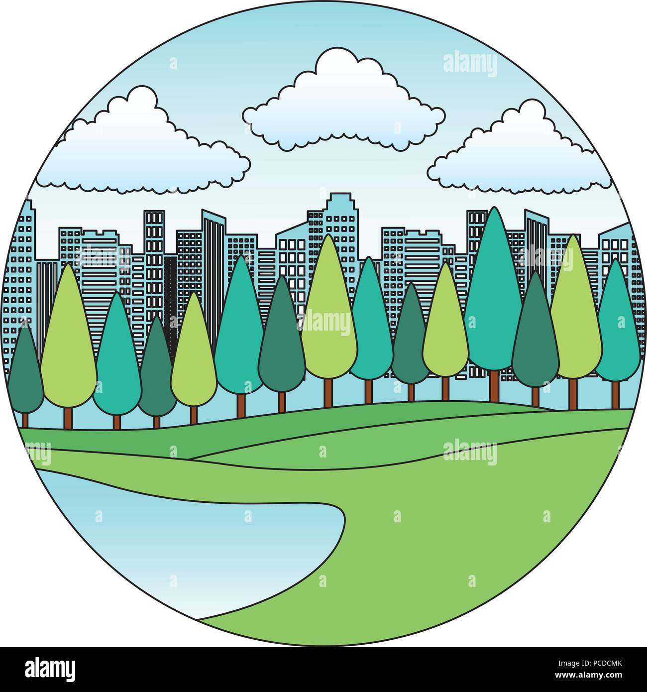 natural park lake trees and city landscape vector illustration Stock ...
