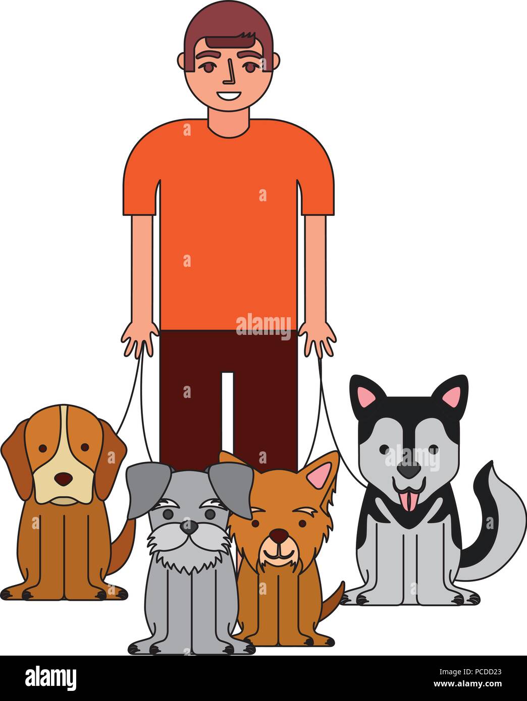 young man walking with dogs vector illustration Stock Vector Image ...