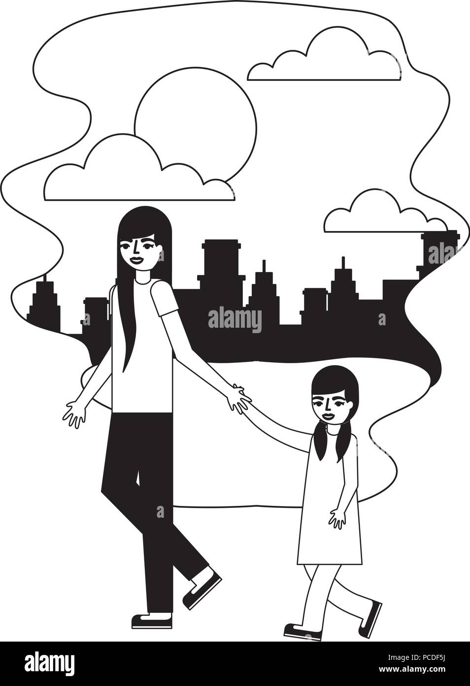 cute mother with daughter in landscape vector illustration design Stock ...