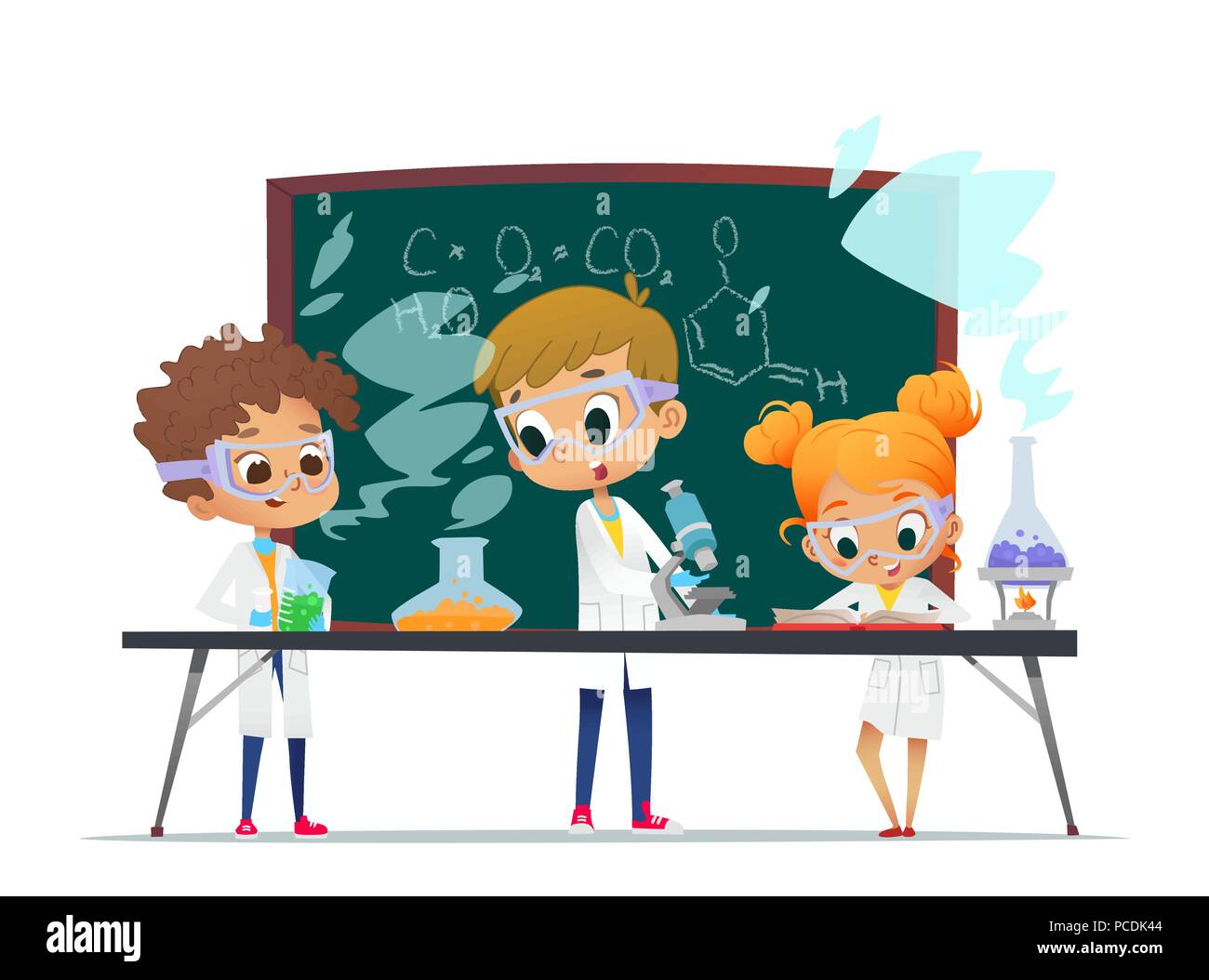 Funny little girl doing and two boys experiments in the laboratory. Explosion in the laboratory. Science and education for kids. Chemistry laboratory with pupils. Vector illustration Stock Vector