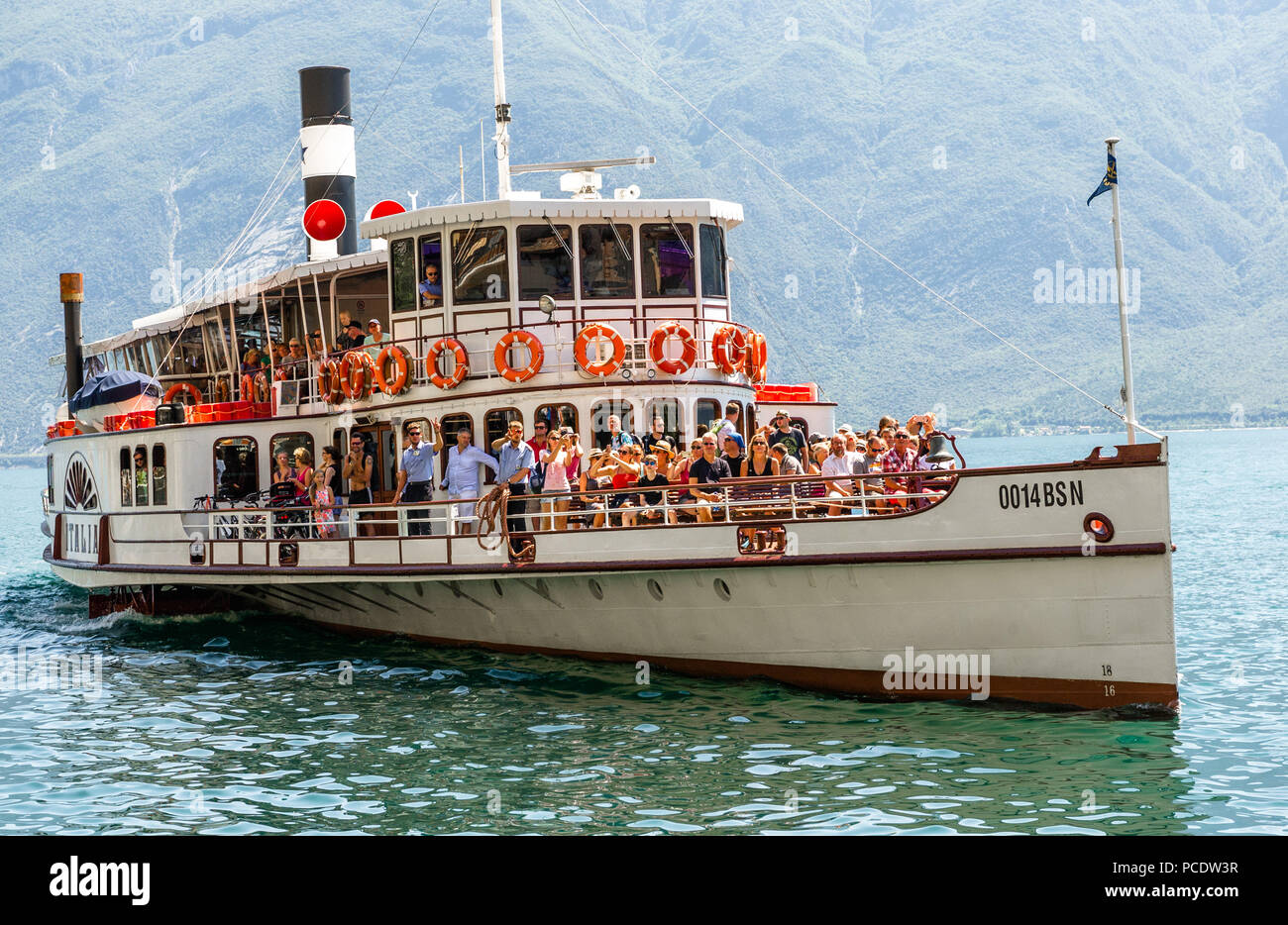 Paddler steamer the Italia on Lake Gard coming into Limone. Stock Photo