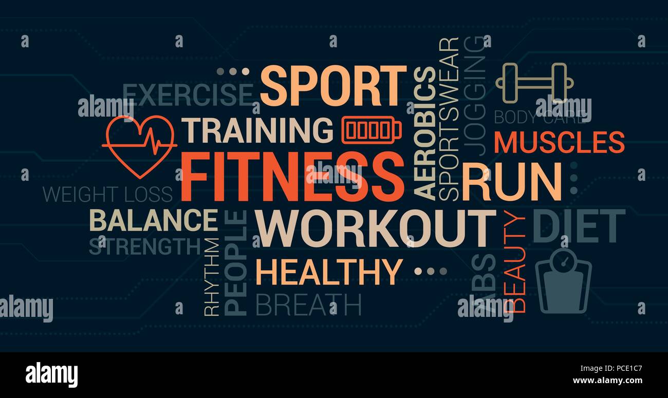 Fitness, sport and wellness tag cloud with icons and concepts Stock Vector