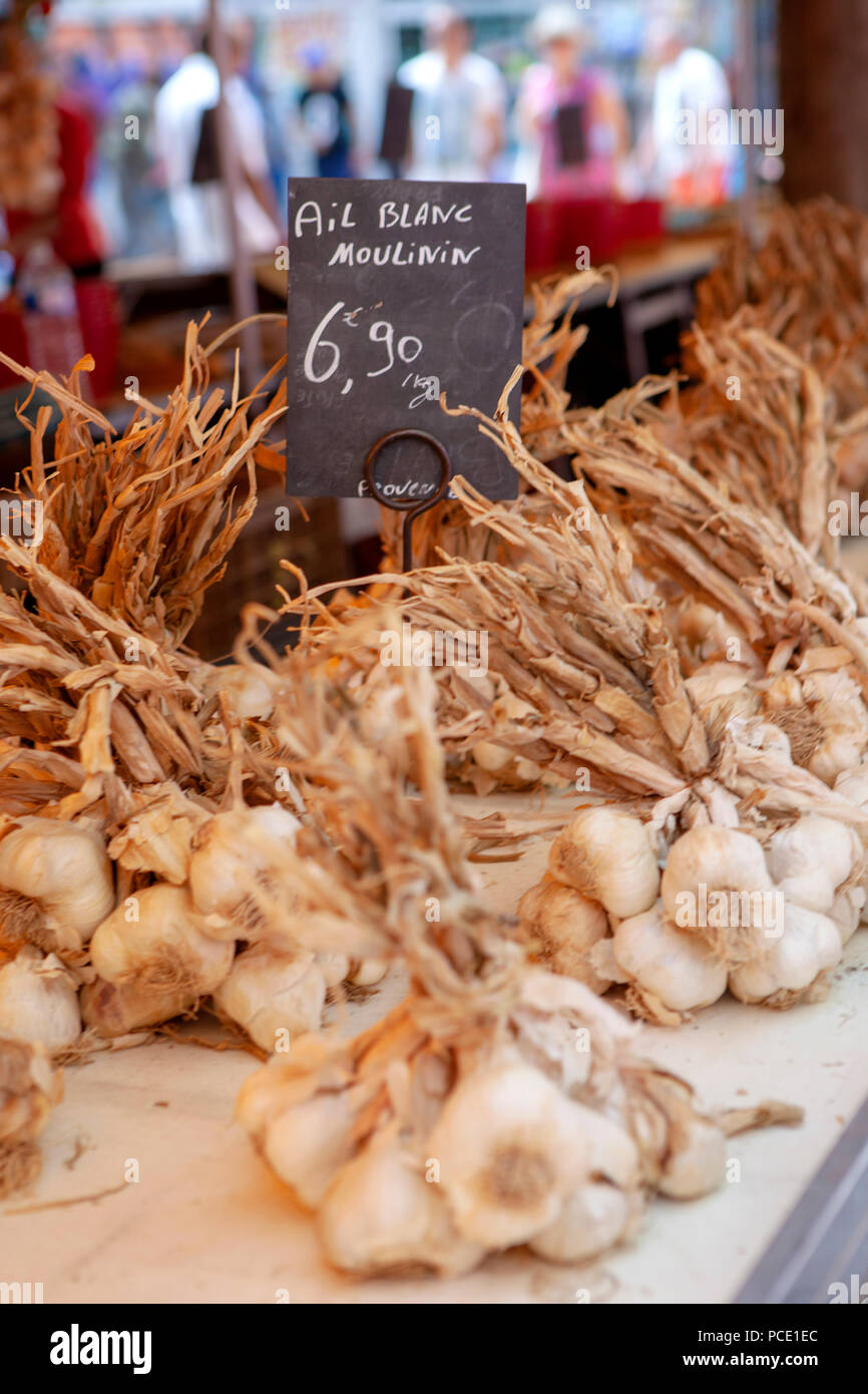 Bunches of fresh white garlic bulbs and cloves for sale on French market stall Stock Photo