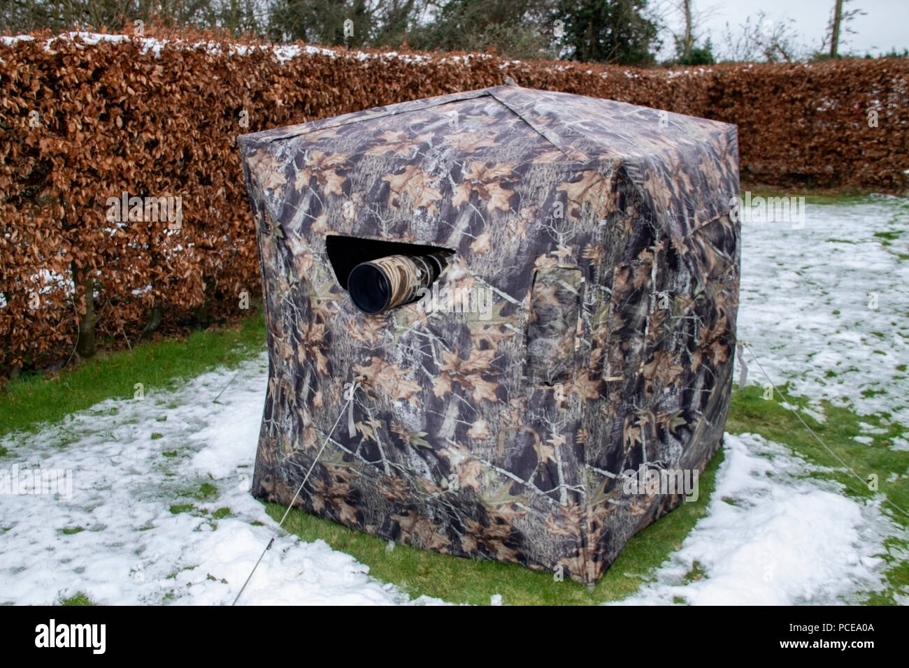 portable bird and wildlife photography hide or blind in garden in winter, Norfolk, UK Stock Photo