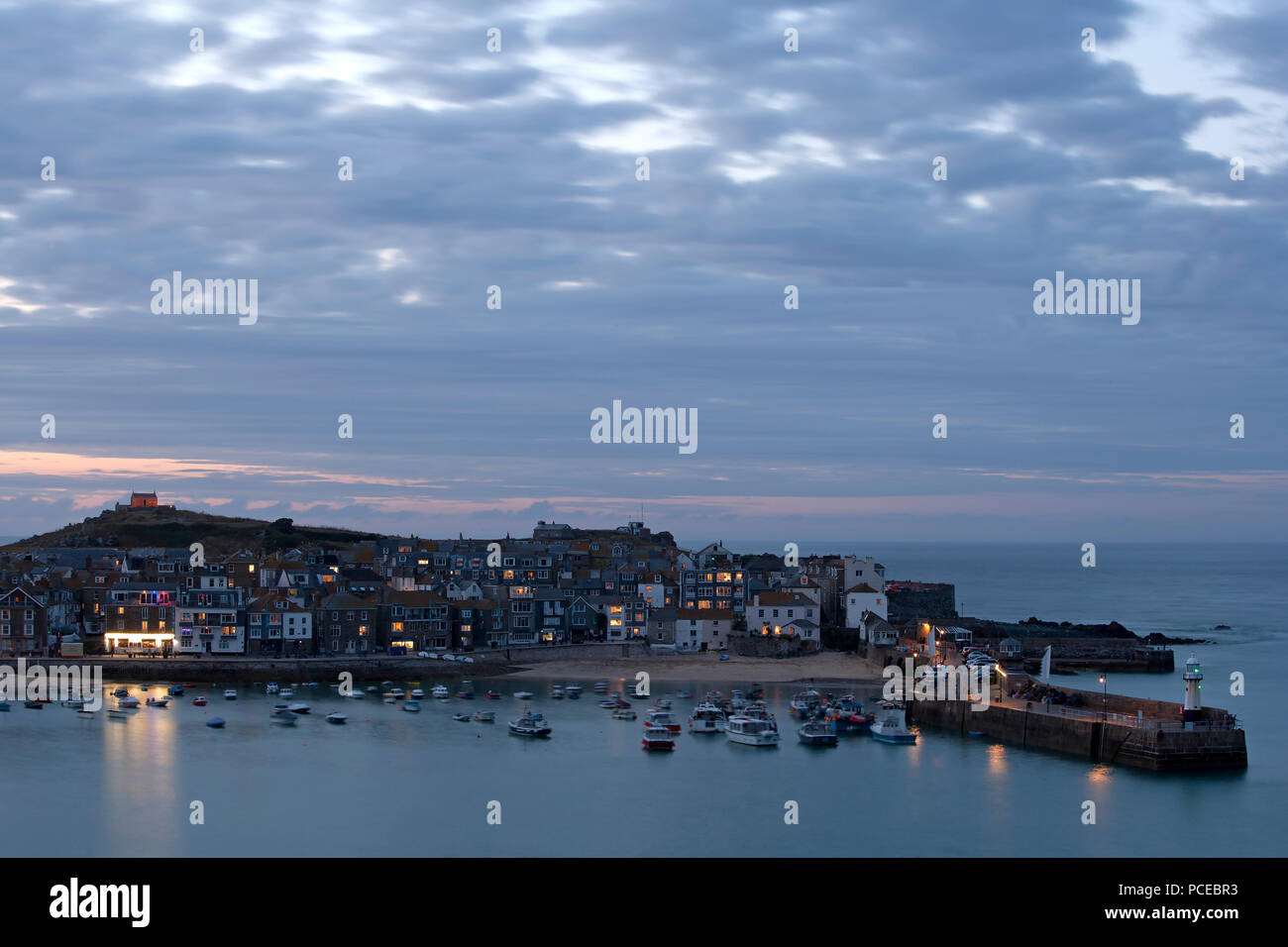 Blue hour Dusk view over st Ives Harbour Cornwall Stock Photo