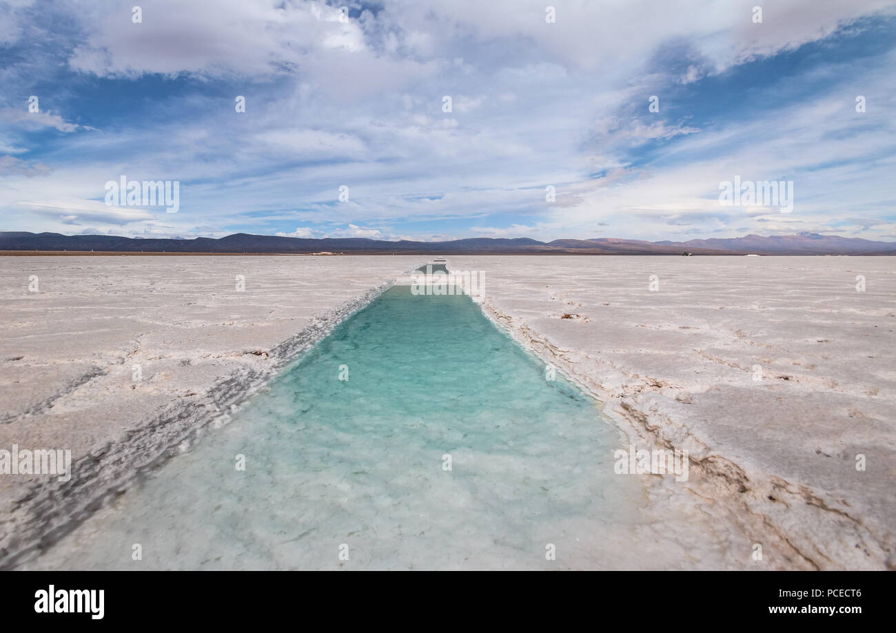 Salt water pool in Salinas Grandes Salt Flat - Jujuy, Argentina Stock Photo