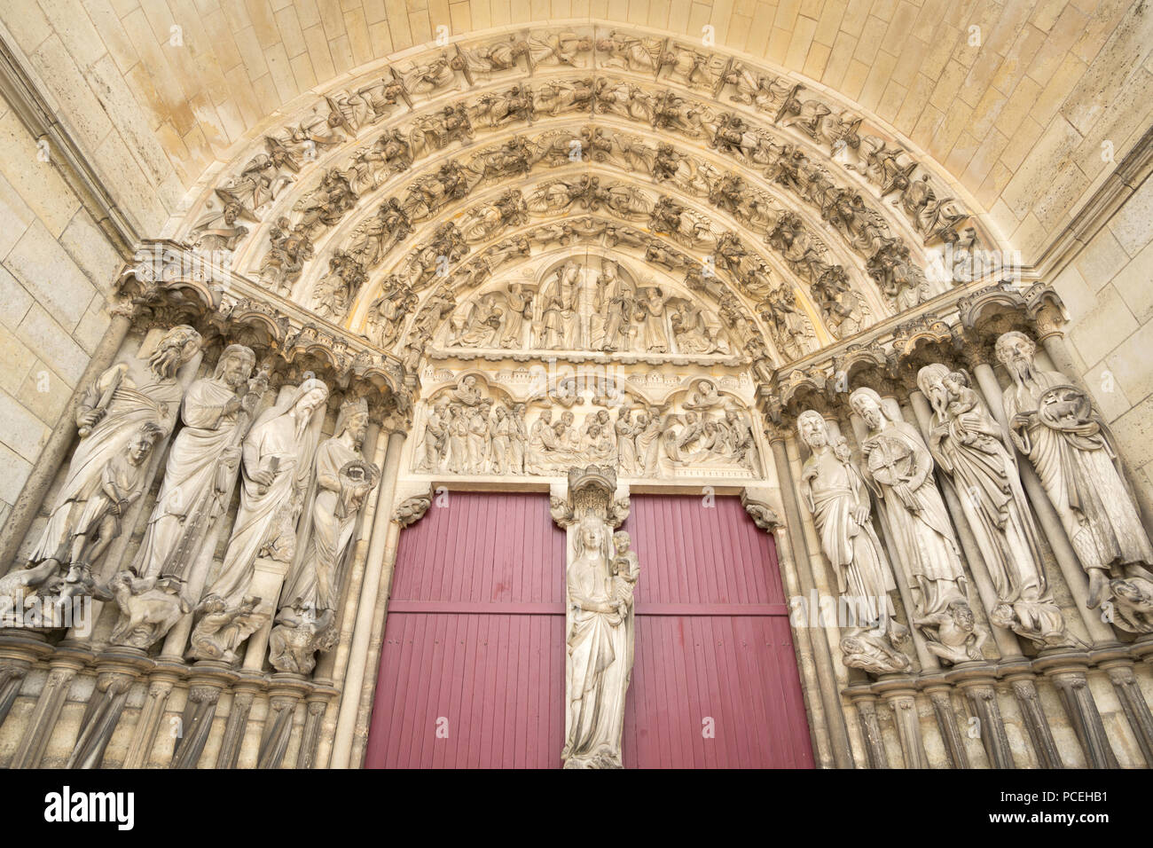 The central portal of the west facade of Laon cathedral, France, Europe Stock Photo