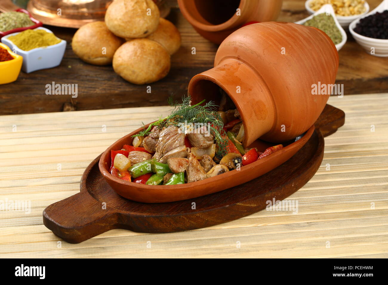 Traditional Testi Kebab Cooked in Clay Pot Stock Photo