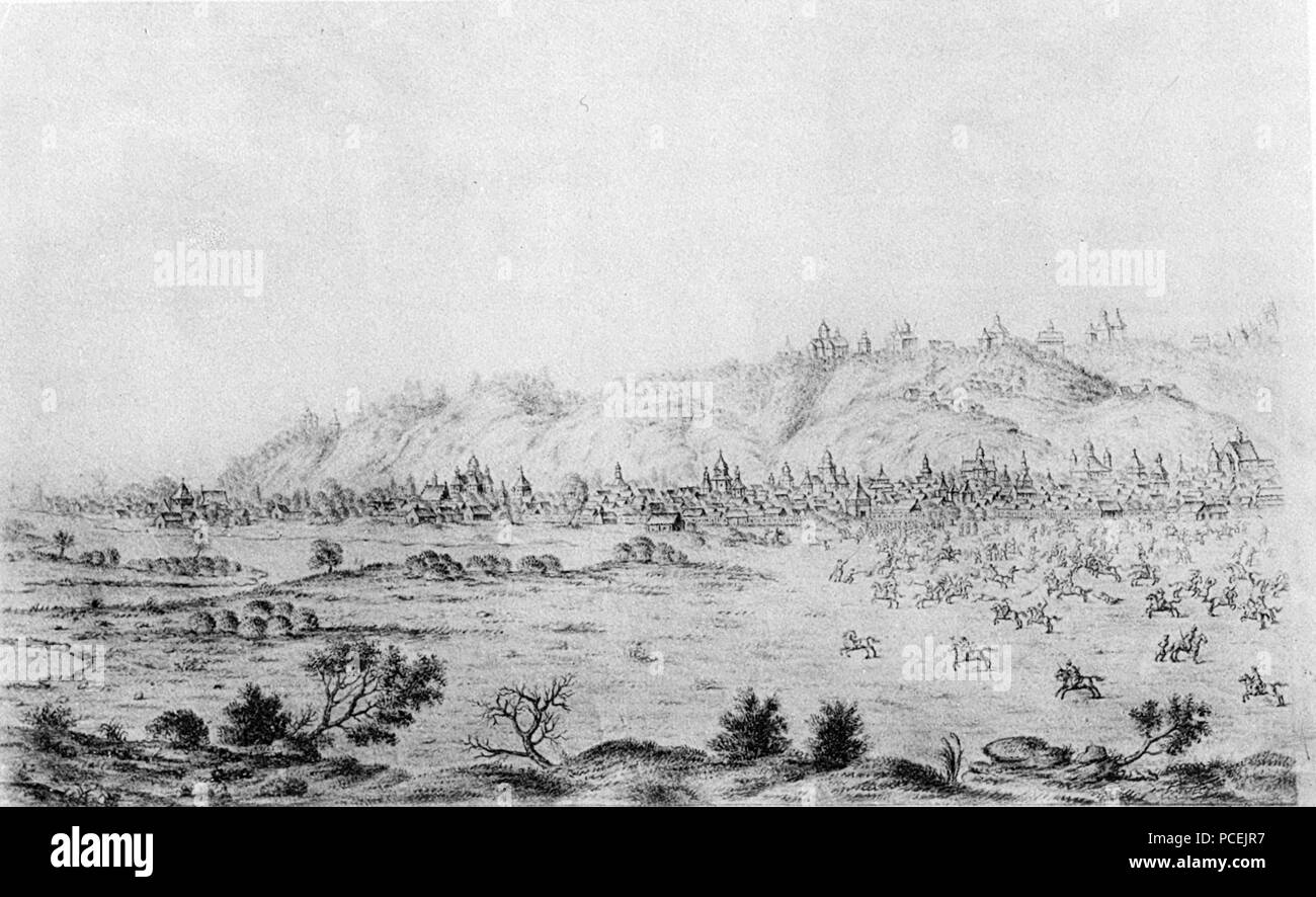 632 View of Kiev from the north and battle between the Cossacks and the Lithuanian army by Westerveld (left part) Stock Photo