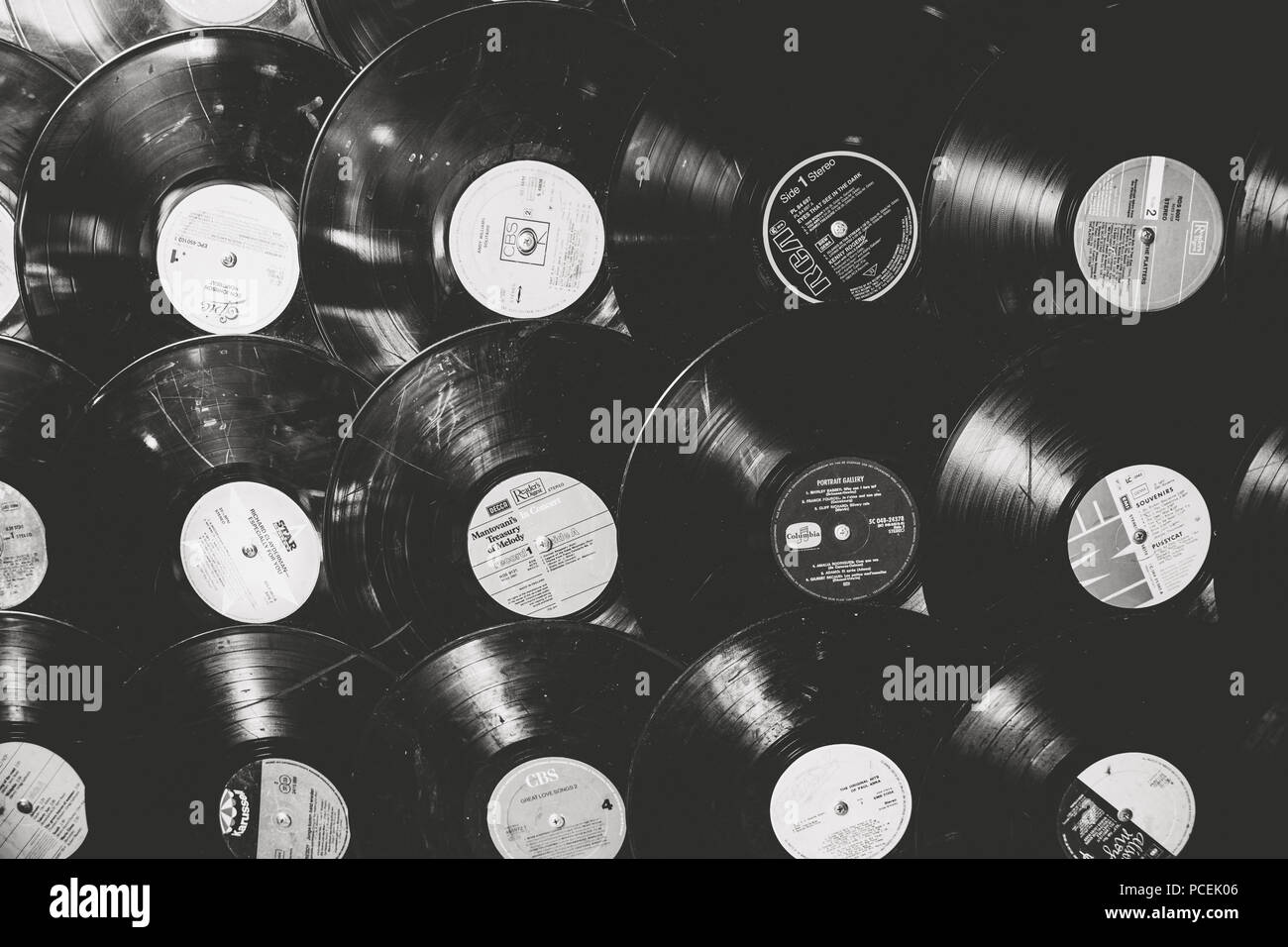 Black and White photo of a wall of retro vinyls Stock Photo - Alamy