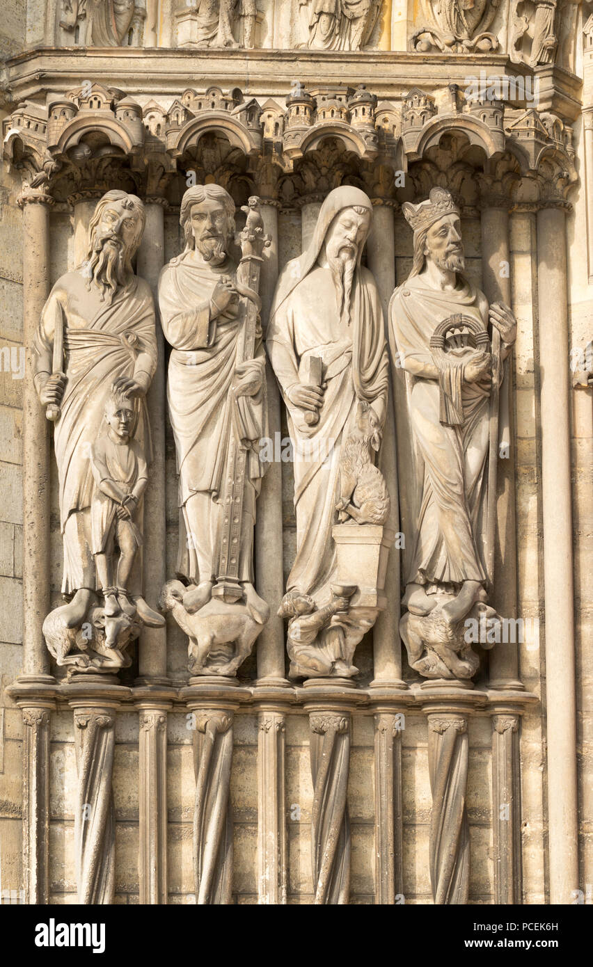 Old testament jamb relief sculptures, central portal, Laon cathedral, France, Europe Stock Photo