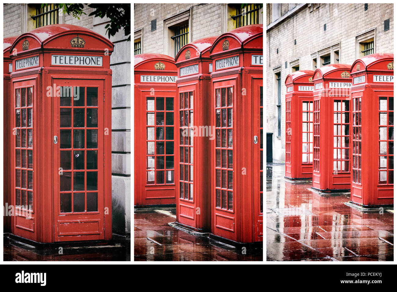 A retro styled triptych collage of British red phone boxes in a row, in Covent garden after the rain. Stock Photo