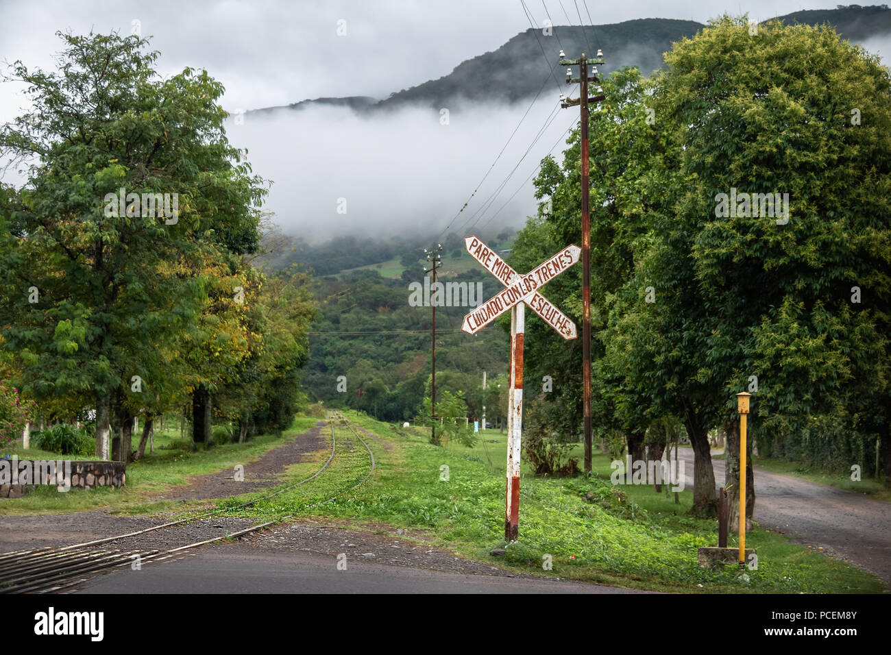 Railway and Railroad traffic sign - Campo Quijano, Salta, Argentina Stock Photo