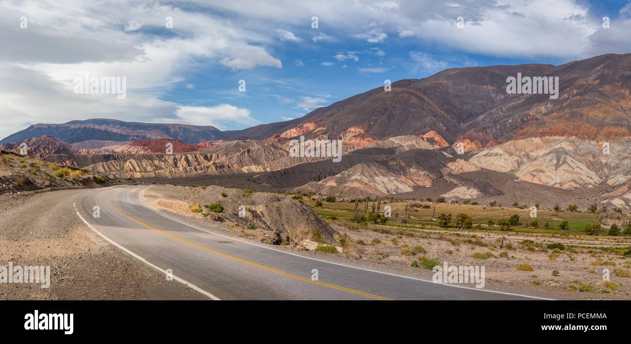 Panoramic view of Quebrada del Toro Mountains and Railroad in Northern Salta Puna - Quebrada del Toro, Salta, Argentina Stock Photo