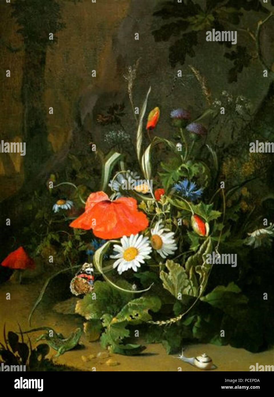 47 Anna Ruysch - Woodland Still Life with Flowers, Snail and Lizard Stock Photo
