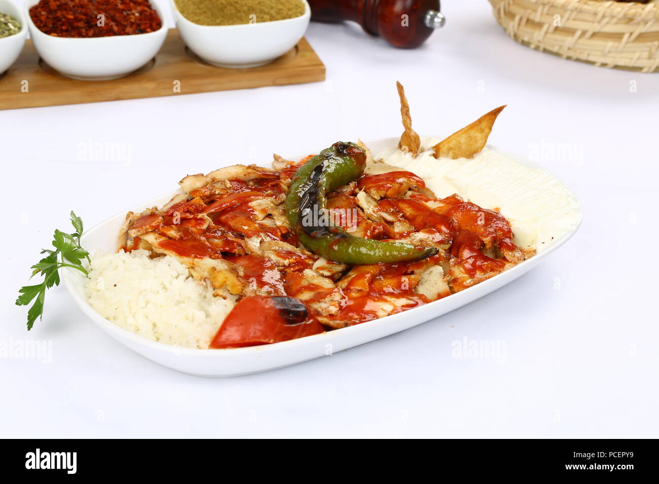 Turkish iskender kebab Chicken iskender kebap Stock Photo Alamy
