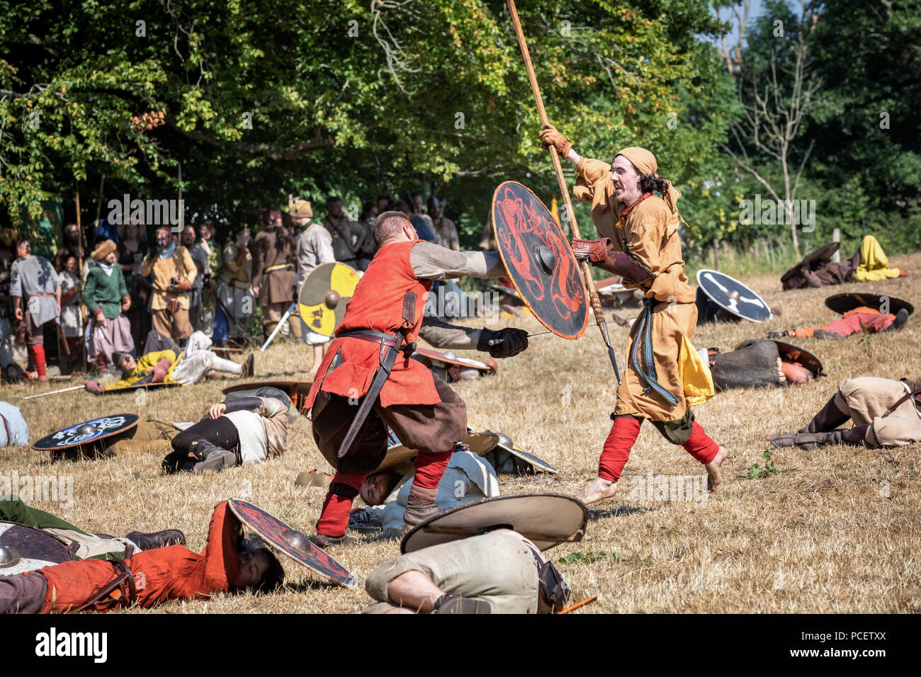 Battle reenactment at the worlds biggest Viking moot, Moesgaard Viking