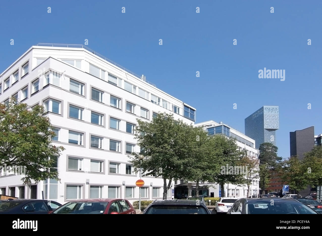 STOCKHOLM, SWEDEN - JULY 17, 2018: Modern architecture with highrise building in Kista on a sunny day with blue sky on July 17, 2018 in Stockholm, Swe Stock Photo