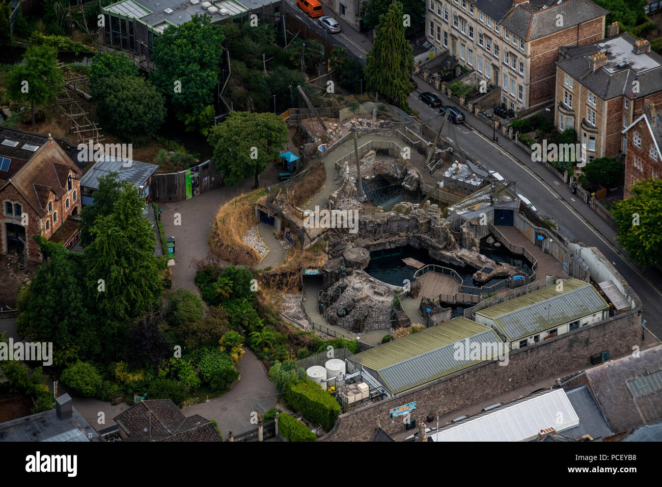Aerial view of the seal and penguin enclosures at Bristol Zoo in the city of Bristol in South West England. Stock Photo