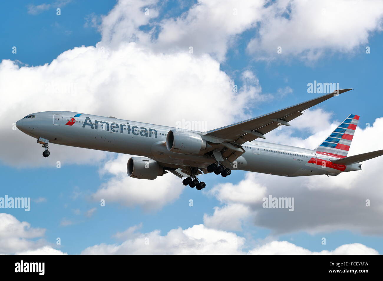 American Airlines plane landing at London Heathrow Airport, UK Stock
