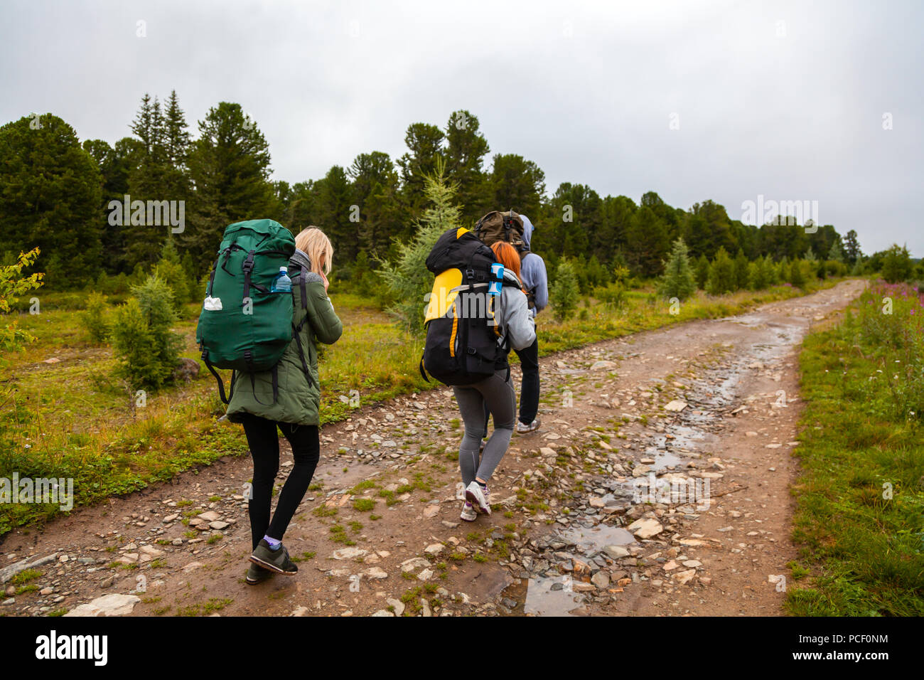 Travel Lifestyle and survival concept rear view. Two hiking women with ...