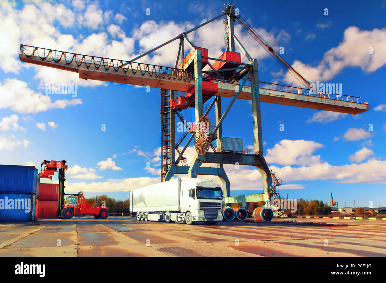 Loading and unloading of containers crane truck and special truck in