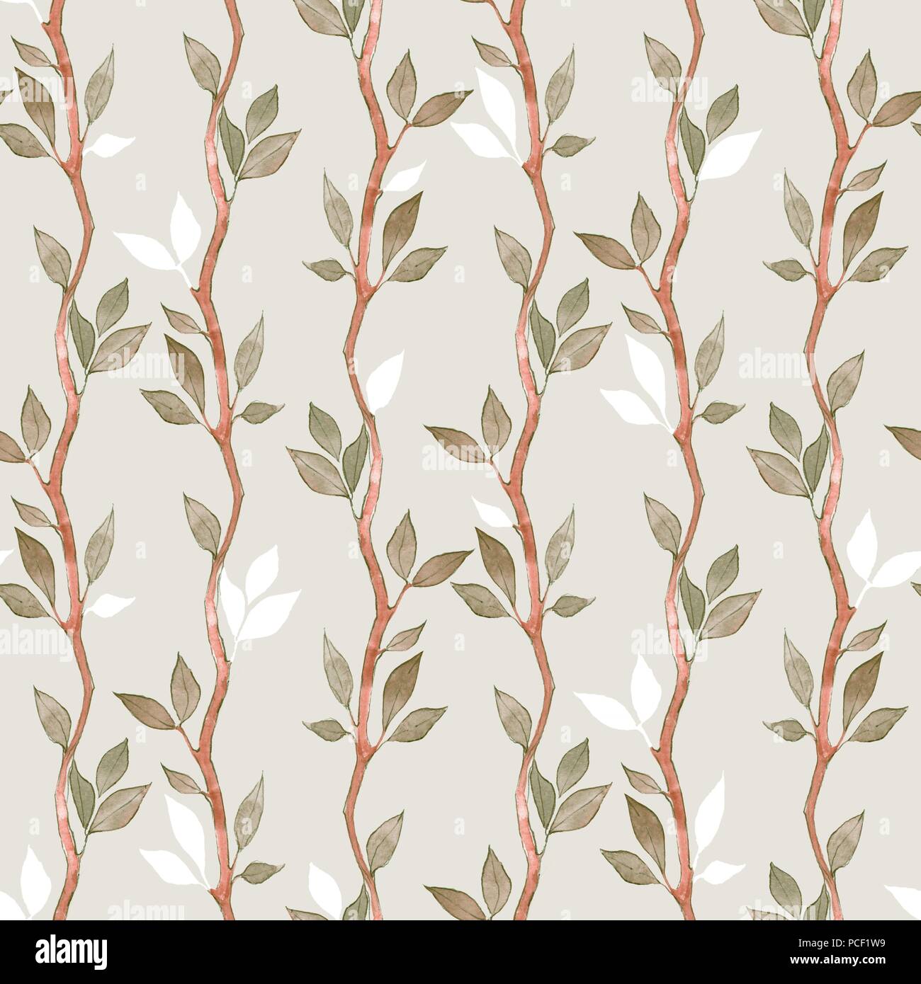 Seamless pattern with vertical watercolor branches and leaves Stock ...