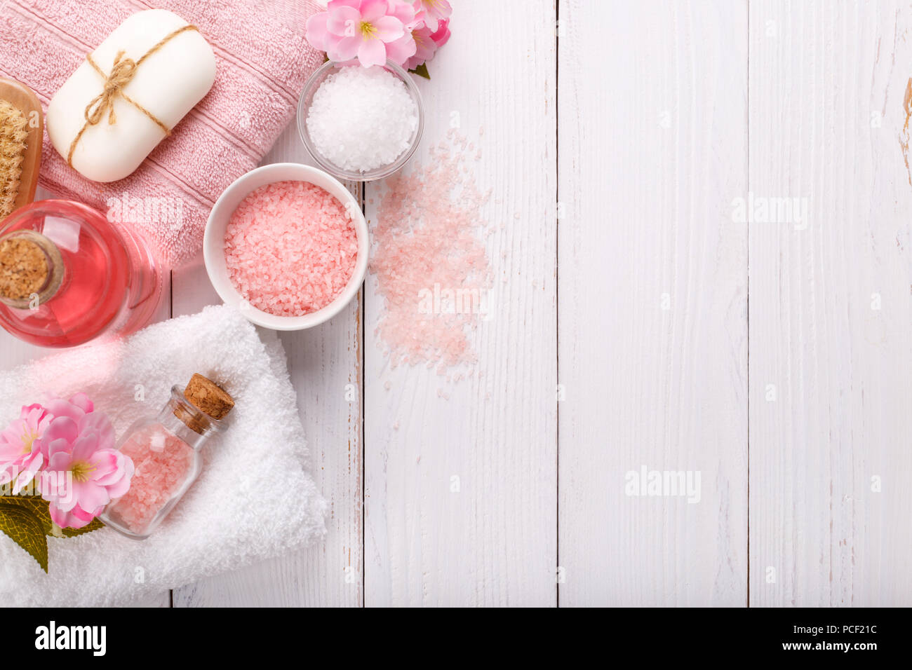 Pink Spa setting and health care items on white background. Space for text,  flat lay Stock Photo - Alamy