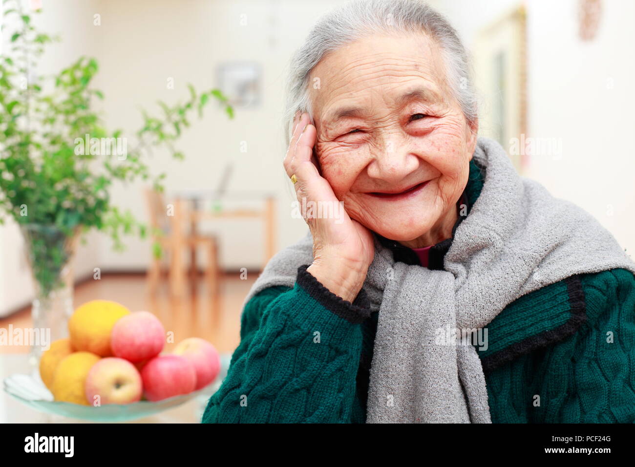 Happy senior asian woman potrait in home Stock Photo