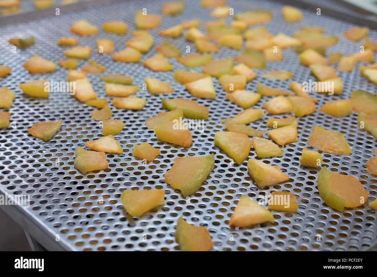 tropical fruit drying in hot air oven. dried cantaloup on stainless tray Stock Photo