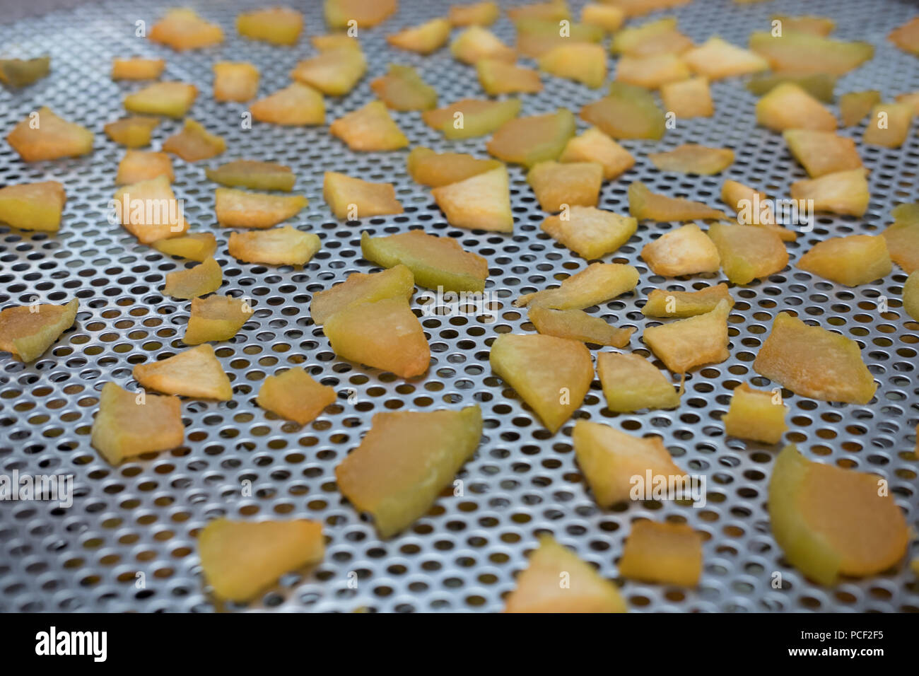 tropical fruit drying in hot air oven. dried cantaloup on stainless tray Stock Photo