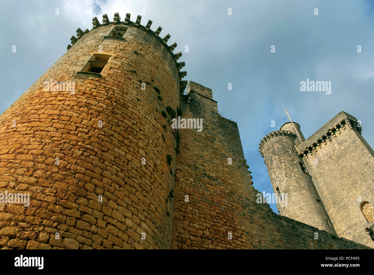 Fumel, Lot et Garonne, France - 2nd October 2017: Looking up at the imposing ruins of Chateau de Bonaguil near Fumel on a sunny autumn afternoon in Lot et Garonne, France Stock Photo
