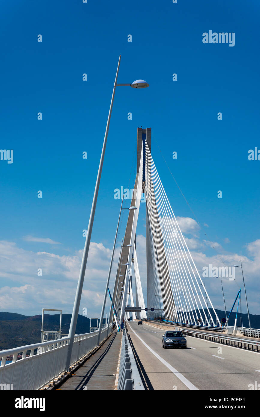 Suspension bridge Harilaos Trikoupi, Rion, Gulf of Corinth, Achaia, Peloponnese, Greece, Rio Stock Photo