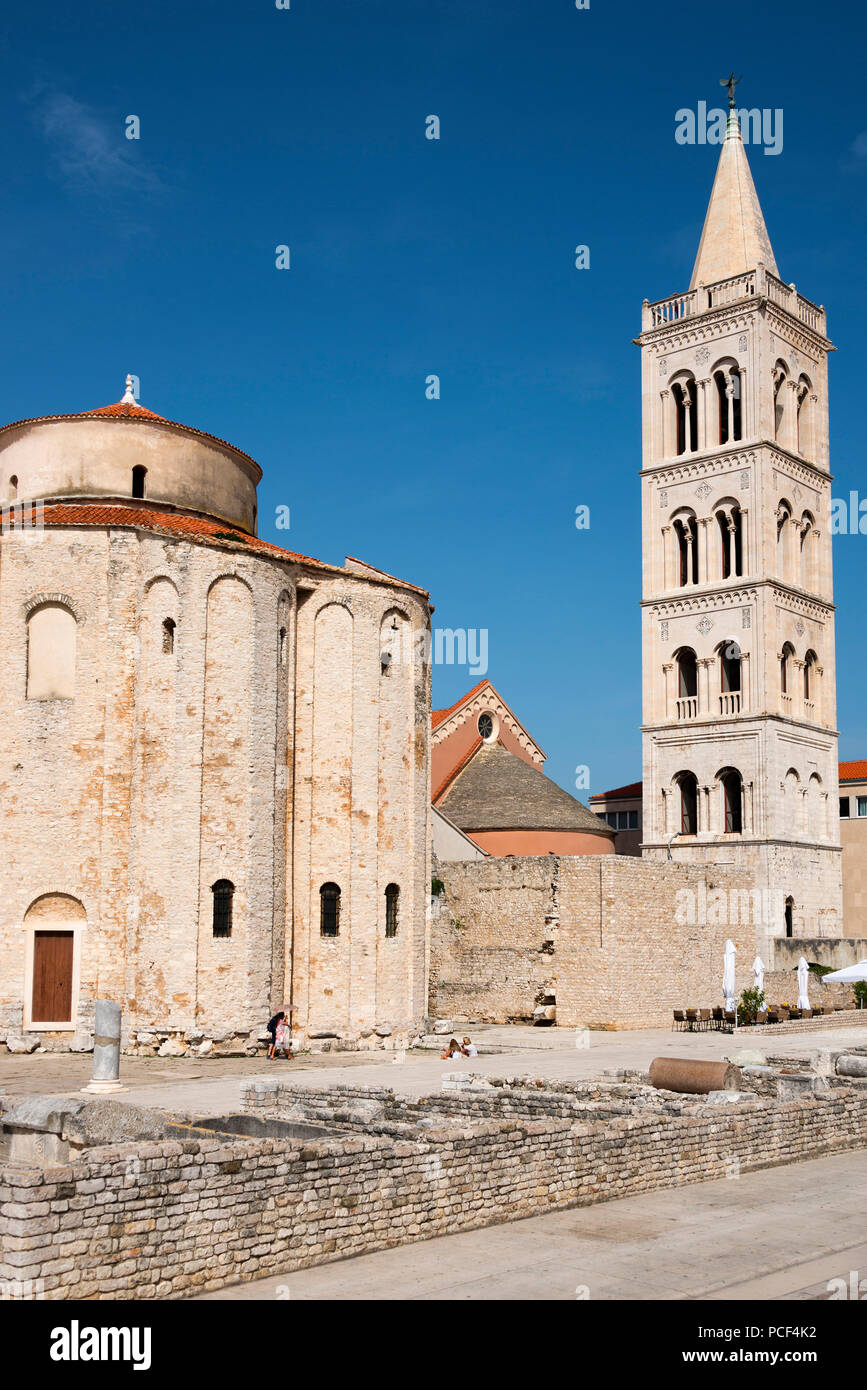 Roman forum, Sv Donat church, Sv Stosija cathedral and bell, Zadar, Croatia, Saint Donatus Stock Photo