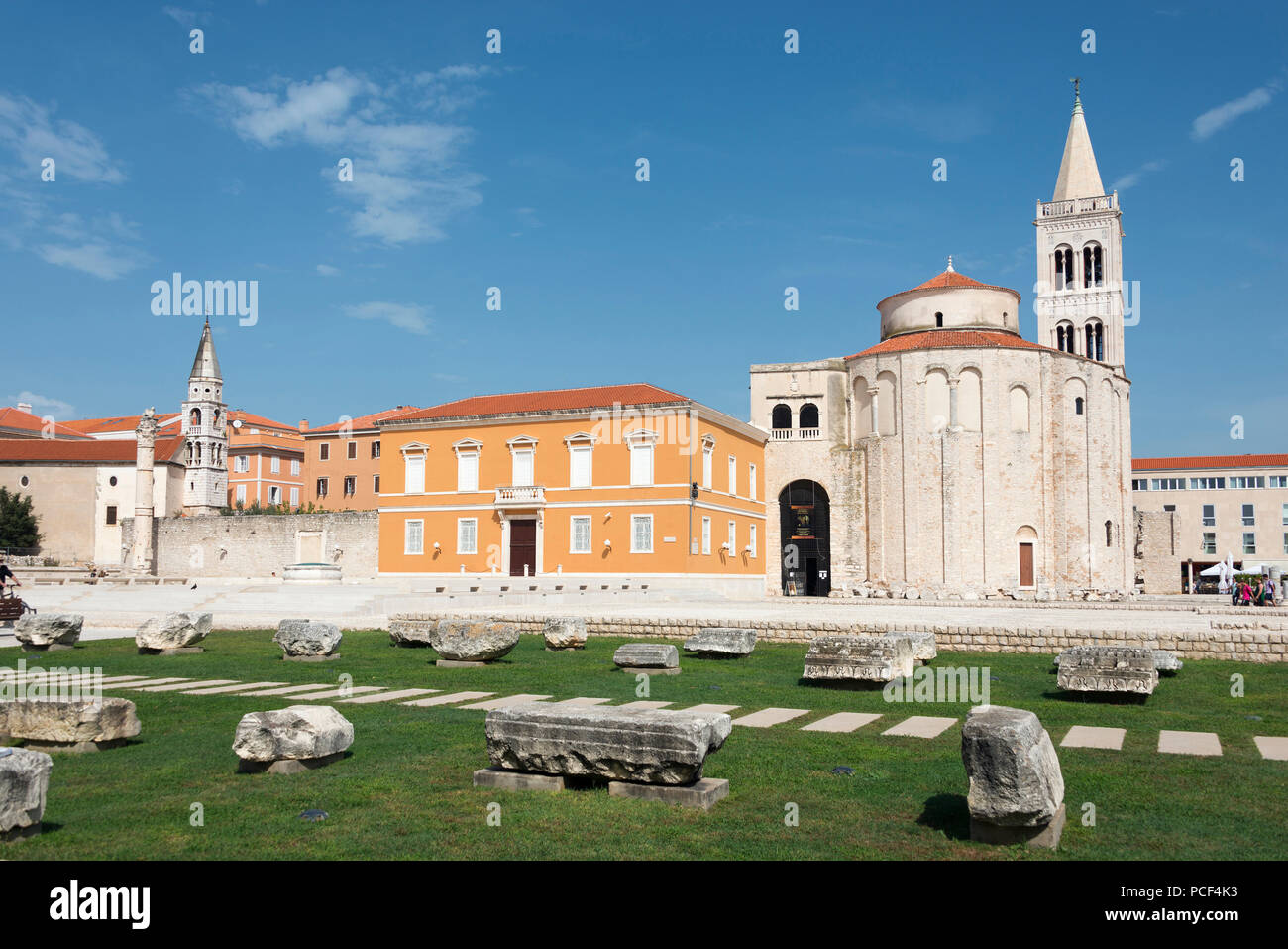 Roman forum, Sv Donat church, bell tower of Sv Stosija cathedral, Zadar, Croatia, Saint Donatus Stock Photo