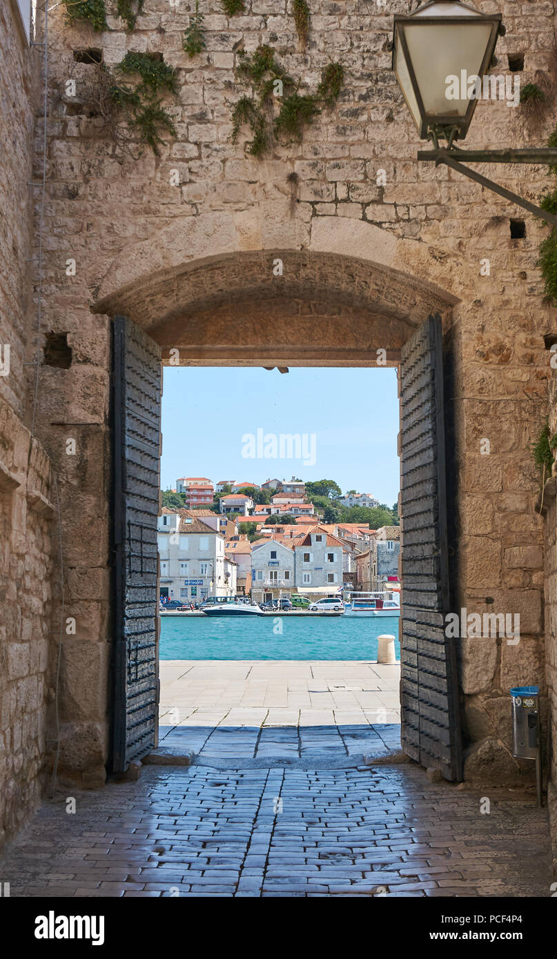 Entrance gate to old town of Trogir a historic town and harbor on the Adriatic coast in Split-Dalmatia County, Croatia Stock Photo