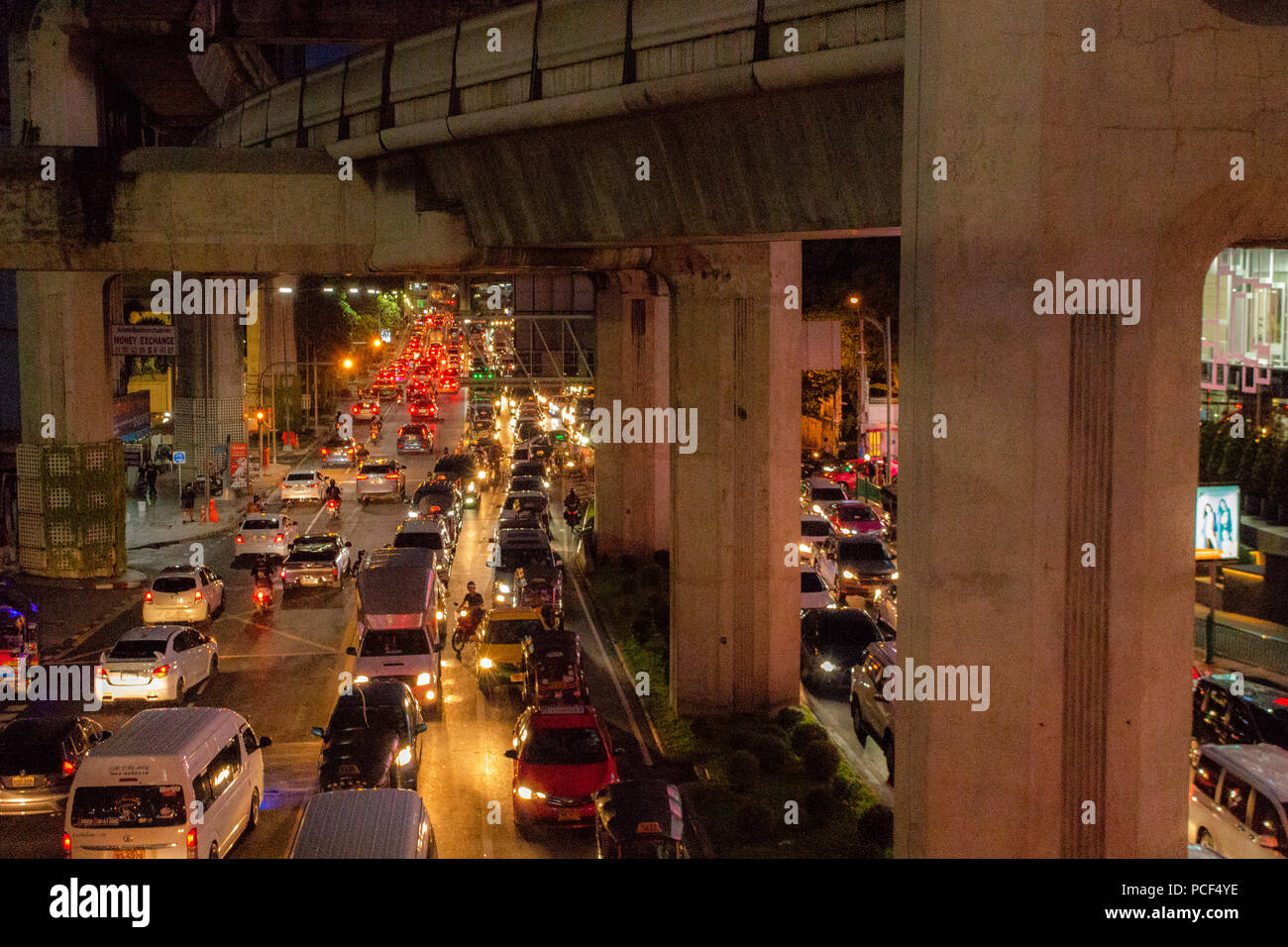 Bangkok, Thailand - April 30, 2018: Cars queueing in the night traffic of Bangkok Stock Photo