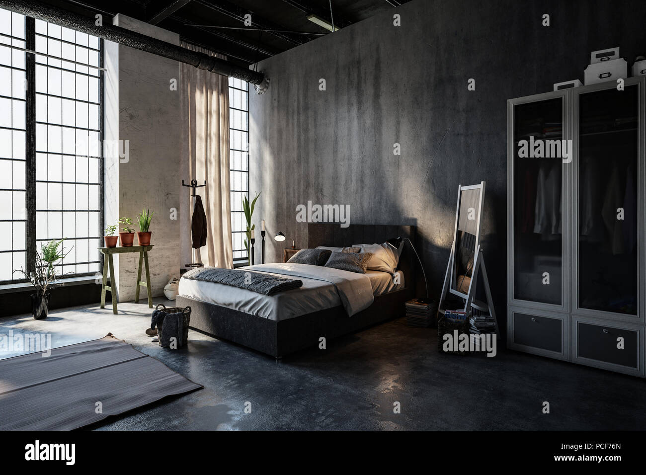 Gloomy Modern Spacious Attic Bedroom Interior In A Converted