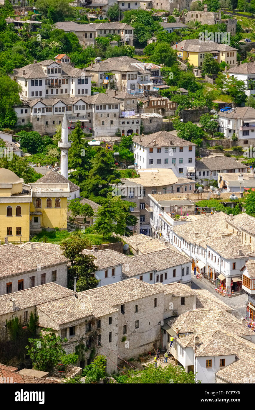 Old town with bazaar area and mountains Mali i Gjerë, view from castle, Gjirokastra, Gjirokastër, Albania Stock Photo