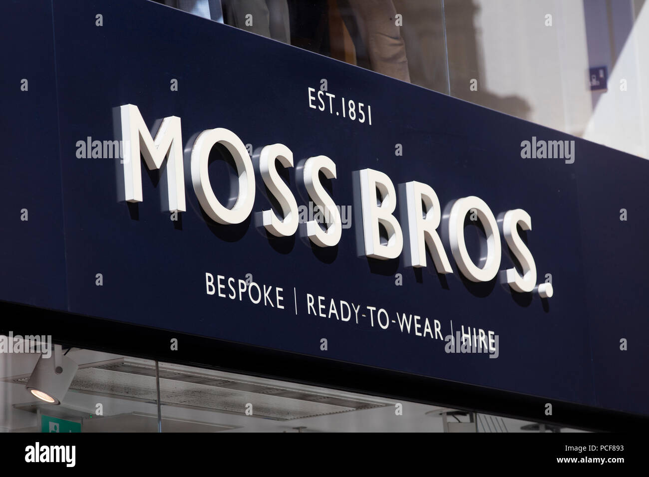 LONDON, UK JULY 31th 2018 Moss Bros mens suit shop on Oxford Street