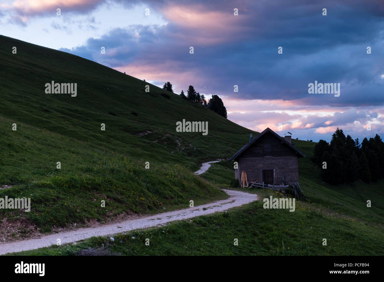 Hiking trail and wooden hut in the evening light, South Tyrol, Italy Stock Photo